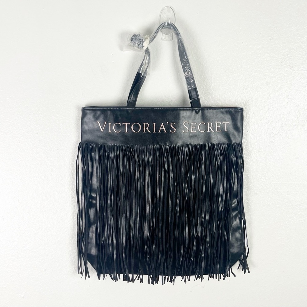 VICTORIA’S SECRET Limited Edition Black Faux Leather Fringe Tote Bag